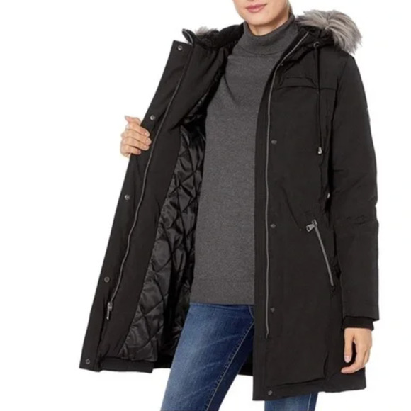 Vince Camuto XS Down $129 Puffer Coat Faux Fur Hood Long Jacket Full Zip Black - Picture 1 of 7